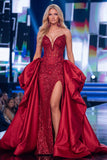 Red Mermaid Sheer Corset Sweetheart Beaded Long Pageant Dress with Sash