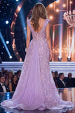 Sparkly Lilac V-Neck Ruffled Sequins Long Pageant Dress with Slit