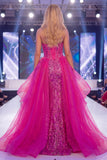 Sparkly Fuchsia Sweetheart Sheer Corset Mermaid Sequins Long Pageant Dress with Sash
