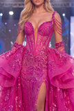 Sparkly Fuchsia Cold Shoulder Sheer Corset Mermaid Long Pageant Dress with Sash