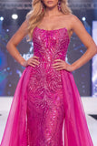Sparkly Fuchsia Strapless Mermaid Sequins Long Pageant Dress with Sash
