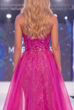 Sparkly Fuchsia Strapless Mermaid Sequins Long Pageant Dress with Sash