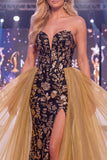 Sparkly Black Golden Mermaid Sweetheart Sequins Long Pageant Dress with Sash