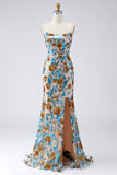 Sparkly Blue Mermaid Sequins Strapless Long Pageant Dress with Sash