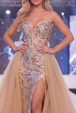 Sparkly Champagne Mermaid Sweetheart Sheer Corset Long Pageant Dress with Sash