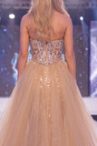 Sparkly Champagne Mermaid Sweetheart Sheer Corset Long Pageant Dress with Sash