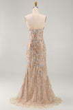 Sparkly Champagne Mermaid Sweetheart Sheer Corset Long Pageant Dress with Sash