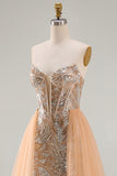 Sparkly Champagne Mermaid Sweetheart Sheer Corset Long Pageant Dress with Sash