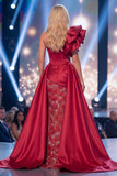Burgundy One Shoulder Mermaid Sheer Corset Long Pageant Dress with Sash