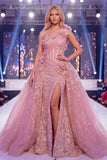 One Shoulder Mermaid Blush Sheer Corset Floral Long Pageant Dress with Sash