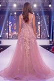 Mermaid Blush V-Neck Sheer Corset Floral Long Pageant Dress with Sash