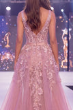 Mermaid Blush V-Neck Sheer Corset Floral Long Pageant Dress with Sash