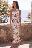 One Shoulder Ivory Mermaid Ruched Maxi Floral Wedding Guest Dress