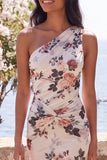 One Shoulder Ivory Mermaid Ruched Maxi Floral Wedding Guest Dress