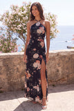 Black Mermaid Chiffon Halter Neck Maxi Floral Wedding Guest Dress with Slit