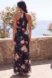 Black Mermaid Chiffon Halter Neck Maxi Floral Wedding Guest Dress with Slit