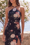 Black Mermaid Chiffon Halter Neck Maxi Floral Wedding Guest Dress with Slit