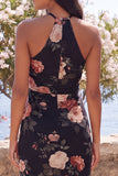Black Mermaid Chiffon Halter Neck Maxi Floral Wedding Guest Dress with Slit