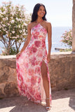 Pink A-Line Chiffon Halter Neck Floral Maxi Wedding Guest Dress with Slit