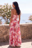 Pink A-Line Chiffon Halter Neck Floral Maxi Wedding Guest Dress with Slit