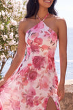 Pink A-Line Chiffon Halter Neck Floral Maxi Wedding Guest Dress with Slit
