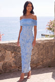 Blue Off the Shoulder Bodycon Appliqued Floral Maxi Wedding Guest Dress