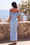 Blue Off the Shoulder Bodycon Appliqued Floral Maxi Wedding Guest Dress