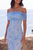 Blue Off the Shoulder Bodycon Appliqued Floral Maxi Wedding Guest Dress