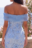 Blue Off the Shoulder Bodycon Appliqued Floral Maxi Wedding Guest Dress