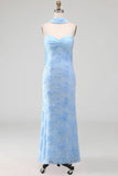 Blue Mermaid Spaghetti Straps Appliqued Midi Floral Wedding Guest Dress