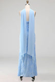 Blue Mermaid Spaghetti Straps Appliqued Midi Floral Wedding Guest Dress