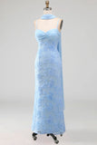 Blue Mermaid Spaghetti Straps Appliqued Midi Floral Wedding Guest Dress