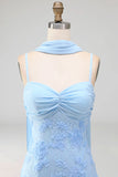 Blue Mermaid Spaghetti Straps Appliqued Midi Floral Wedding Guest Dress