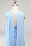 Blue Mermaid Spaghetti Straps Appliqued Midi Floral Wedding Guest Dress