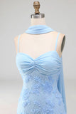 Blue Mermaid Spaghetti Straps Appliqued Midi Floral Wedding Guest Dress