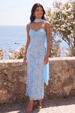 Blue Mermaid Spaghetti Straps Appliqued Midi Floral Wedding Guest Dress