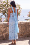 Blue Mermaid Spaghetti Straps Appliqued Midi Floral Wedding Guest Dress