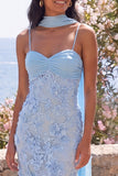 Blue Mermaid Spaghetti Straps Appliqued Midi Floral Wedding Guest Dress