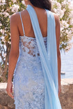Blue Mermaid Spaghetti Straps Appliqued Midi Floral Wedding Guest Dress