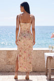 Sparkly Champagne Mermaid Sequins Midi Floral Wedding Guest Dress with Slit