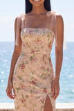 Sparkly Champagne Mermaid Sequins Midi Floral Wedding Guest Dress with Slit