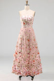 A-Line Pink Strapless Embroidered Midi Floral Wedding Guest Dress
