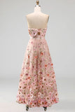 A-Line Pink Strapless Embroidered Midi Floral Wedding Guest Dress