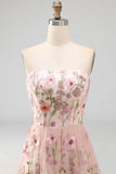 A-Line Pink Strapless Embroidered Midi Floral Wedding Guest Dress