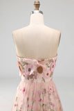 A-Line Pink Strapless Embroidered Midi Floral Wedding Guest Dress