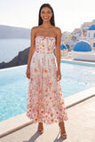 A-Line Pink Strapless Embroidered Midi Floral Wedding Guest Dress