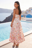 A-Line Pink Strapless Embroidered Midi Floral Wedding Guest Dress
