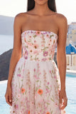 A-Line Pink Strapless Embroidered Midi Floral Wedding Guest Dress