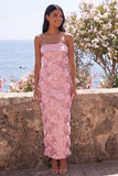 Sparkly Pink Strapless Bodycon Sequins Midi Floral Wedding Guest Dress with Slit