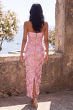 Sparkly Pink Strapless Bodycon Sequins Midi Floral Wedding Guest Dress with Slit
